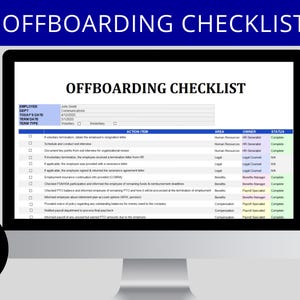 Könnte beinhalten: Ein Computerbildschirm zeigt eine Offboarding-Checkliste mit über 50 Aktionspunkten. Die Checkliste ist nach Bereich, Verantwortlichem und Status geordnet. Die Statusspalte zeigt den Abschlussstatus jedes Punktes an, mit Optionen wie "Abgeschlossen", "N/A" und "In Bearbeitung".