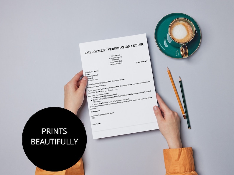 May include: A white employment verification letter with black text. The letter is being held by a person wearing an orange shirt. The text on the letter reads "EMPLOYMENT VERIFICATION LETTER".