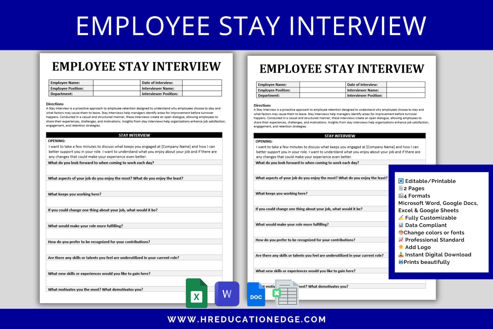 Stay Interview Proforma Employee Stay Interview Template: HR Staff Feedback Forms (digital ...