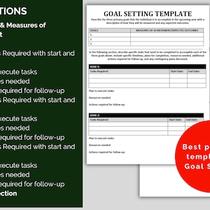 May include: A goal setting template with sections for three goals, measures of achievement, expected outcomes, tasks required, plan to execute tasks, resources needed, and actions required for follow-up. The template includes start and end dates for each goal. The text "Best practice template in Goal Setting" is in a red circle.