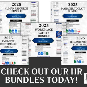 Pode incluir: Imagem promocional mostrando pacotes de RH para 2025. Os pacotes incluem Recursos Humanos, Desempenho dos Funcion&aacute;rios, Seguran&ccedil;a no Trabalho, Kit de Ferramentas do Gerente e Pacote Inicial de Recursos Humanos. Cada pacote apresenta um n&uacute;mero diferente de modelos e recursos principais. A imagem tamb&eacute;m inclui o texto "CHECK OUT OUR HR BUNDLES TODAY!"