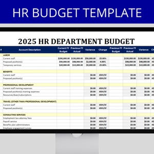 May include: A computer monitor displays a detailed HR Budget Template for 2025. The spreadsheet shows financial data, including budget, actuals, variance, and change percentages for various departments. The title "HR BUDGET TEMPLATE" is at the top.