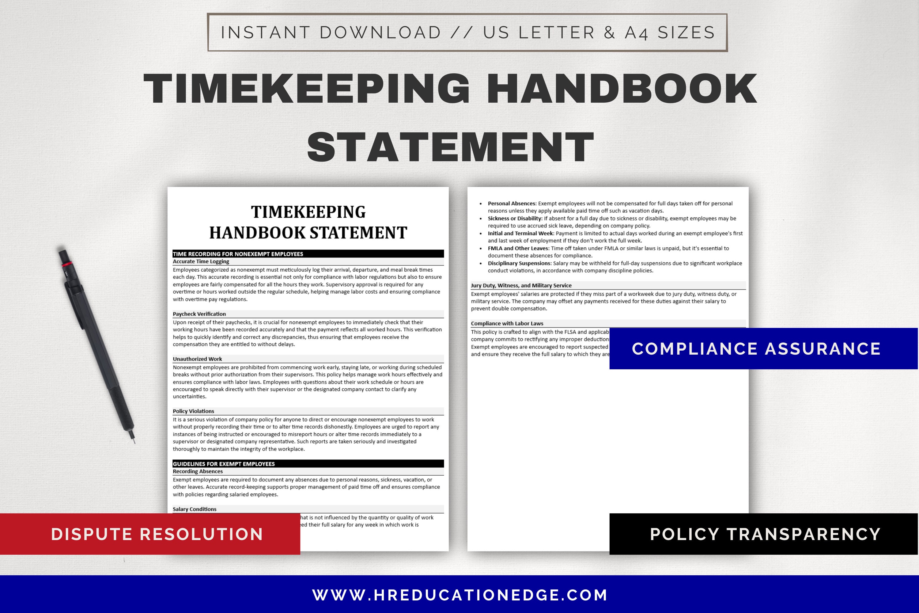 Timekeeping Policy Employee Handbook HR Compliance Employment Law Labor Law Employee