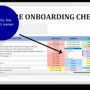 May include: A screenshot of a computer screen showing a checklist for onboarding new employees. The checklist includes columns for the action item, due date, owner, and function. The owner column has a dropdown menu with options for Human Resources, Admin Department, Manager, CEO, Buddy, Mentor, and Facilities Engineer.