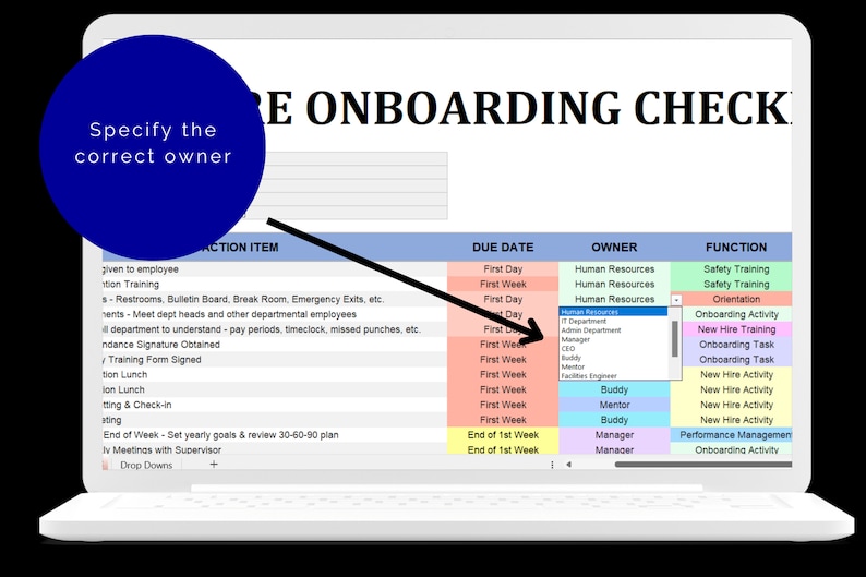 May include: A screenshot of a computer screen showing a checklist for onboarding new employees. The checklist includes columns for the action item, due date, owner, and function. The owner column has a dropdown menu with options for Human Resources, Admin Department, Manager, CEO, Buddy, Mentor, and Facilities Engineer.