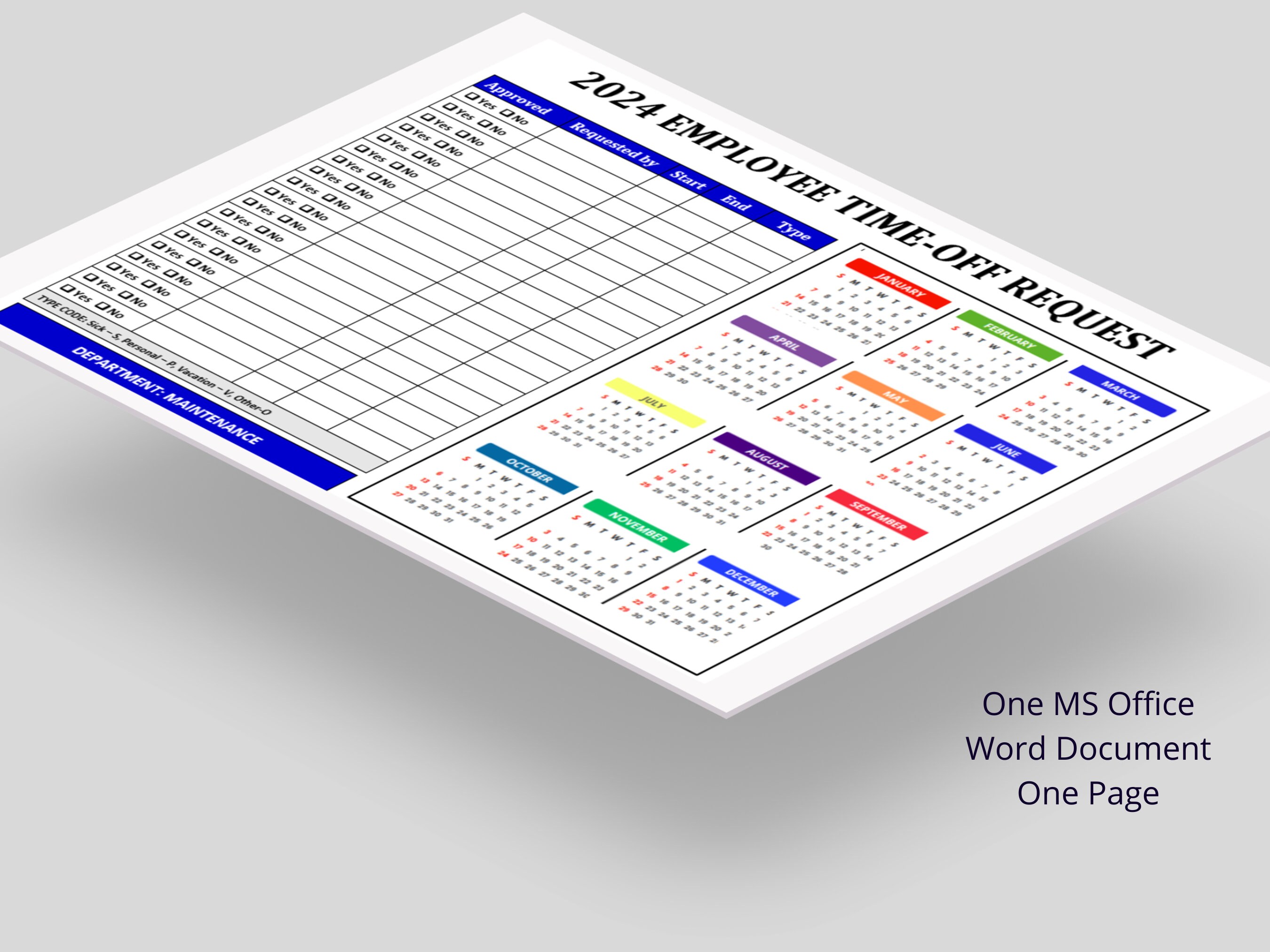 2024 Calendar Employee Time-off Request Planner: PTO & Vacation, Leave  Calendar Time-off Form HR Templates Days off Tracker - Etsy