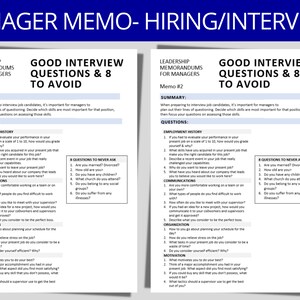 May include: A two-page memo titled "Manager Memo - Hiring/Interviews" with the heading "Good Interview Questions & 8 to Avoid". The memo lists questions to ask job candidates during an interview and questions to avoid.