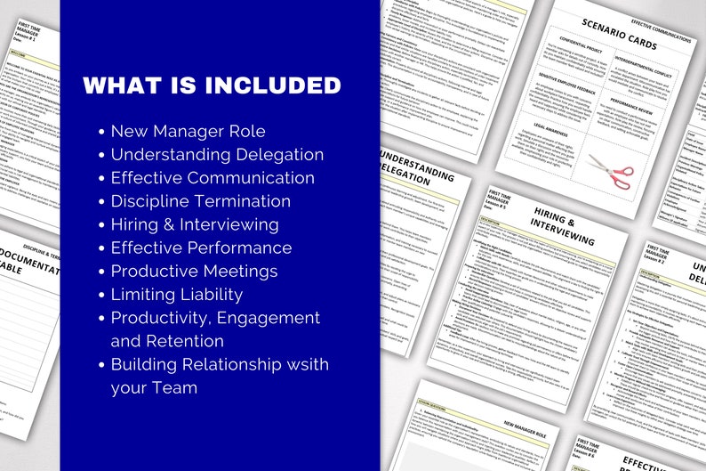 May include: A set of printable resources for new managers, including topics like delegation, communication, performance, and building relationships. The resources are organized into lessons and include scenario cards.