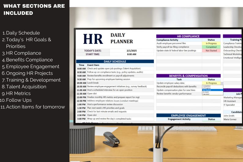 Pode incluir: Um planejador di&aacute;rio de RH digital exibido em um monitor. O planejador inclui se&ccedil;&otilde;es para hor&aacute;rios di&aacute;rios, metas de RH, conformidade, benef&iacute;cios, engajamento dos funcion&aacute;rios e muito mais. A data &eacute; 2/1/2025 e o hor&aacute;rio de in&iacute;cio &eacute; 8h00.