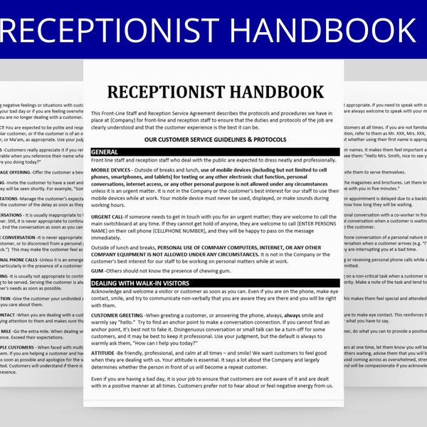 Receptionist Handbook Template | Word Editable Template | Secretary Desk Book | Instruction Manual |  Human Resources | HR Policy Templates