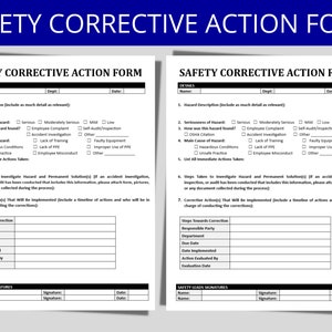 Puede incluir: Un formulario de acción correctiva de seguridad con dos páginas idénticas. El formulario está dividido en secciones con encabezados como "Descripción del peligro", "Gravedad del peligro", "¿Cómo se encontró este peligro?", "Causa principal del peligro", "Lista de todas las acciones inmediatas tomadas", "Pasos tomados para investigar el peligro y solución permanente", y "Acción(es) correctiva(s) que se implementarán". El formulario también incluye una sección para "Firmas de los líderes de seguridad".