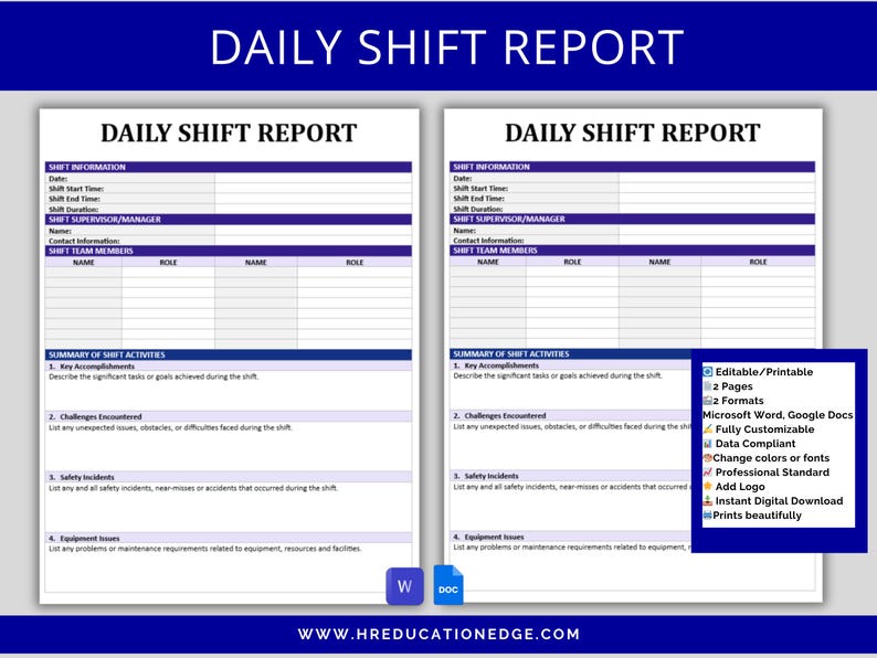 Daily Shift Report Template | End of Shift Change or Handover, Incident ...