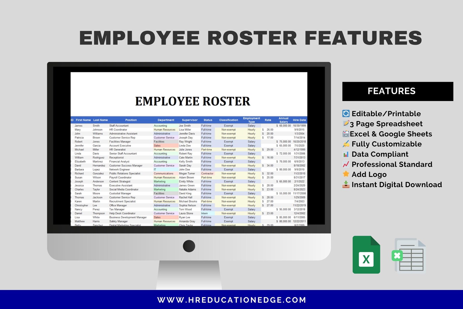 Employee Roster Template: HR Excel Staff Directory With Salary Tracker ...