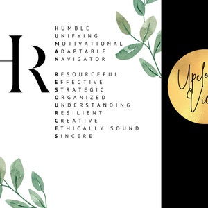 Puede incluir: Un gr&aacute;fico en blanco y negro con las letras HR en fuente grande. Las letras est&aacute;n rodeadas de una lista de palabras que describen las cualidades de un profesional de recursos humanos, incluyendo humilde, unificador, motivador, adaptable, navegador, ingenioso, eficaz, estrat&eacute;gico, organizado, comprensivo, resiliente, creativo, &eacute;ticamente s&oacute;lido y sincero. El gr&aacute;fico est&aacute; sobre un fondo blanco con un dise&ntilde;o de hojas verdes en acuarela en el lado izquierdo. Las palabras "Upclose View" est&aacute;n escritas en cursiva negra sobre un c&iacute;rculo dorado en el lado derecho de la imagen.