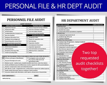 Könnte beinhalten: Zwei Checklisten für die Personal- und HR-Abteilungsprüfung. Die Checklisten sind in Kategorien unterteilt, mit Kontrollkästchen für jeden Punkt. Die Checklisten sind mit "Personalaktenprüfung" und "HR-Abteilungsprüfung" betitelt.