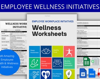 May include: A set of printable worksheets for employee wellness initiatives. The worksheets are divided into categories such as sleep awareness, stress management training, healthy food, monthly wellness newsletter, and eco-friendly initiatives. The worksheets are available in Word, PDF, and Doc formats.