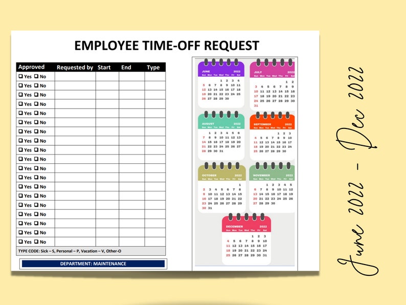 Employee Time Off Request Calendar Template Editable Word Etsy France