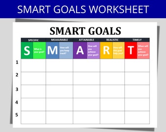 May include: A worksheet with a table to help set SMART goals. The table is divided into five columns labeled: Specific, Measurable, Attainable, Realistic, and Timely. Each column has a question to help you define your goal.