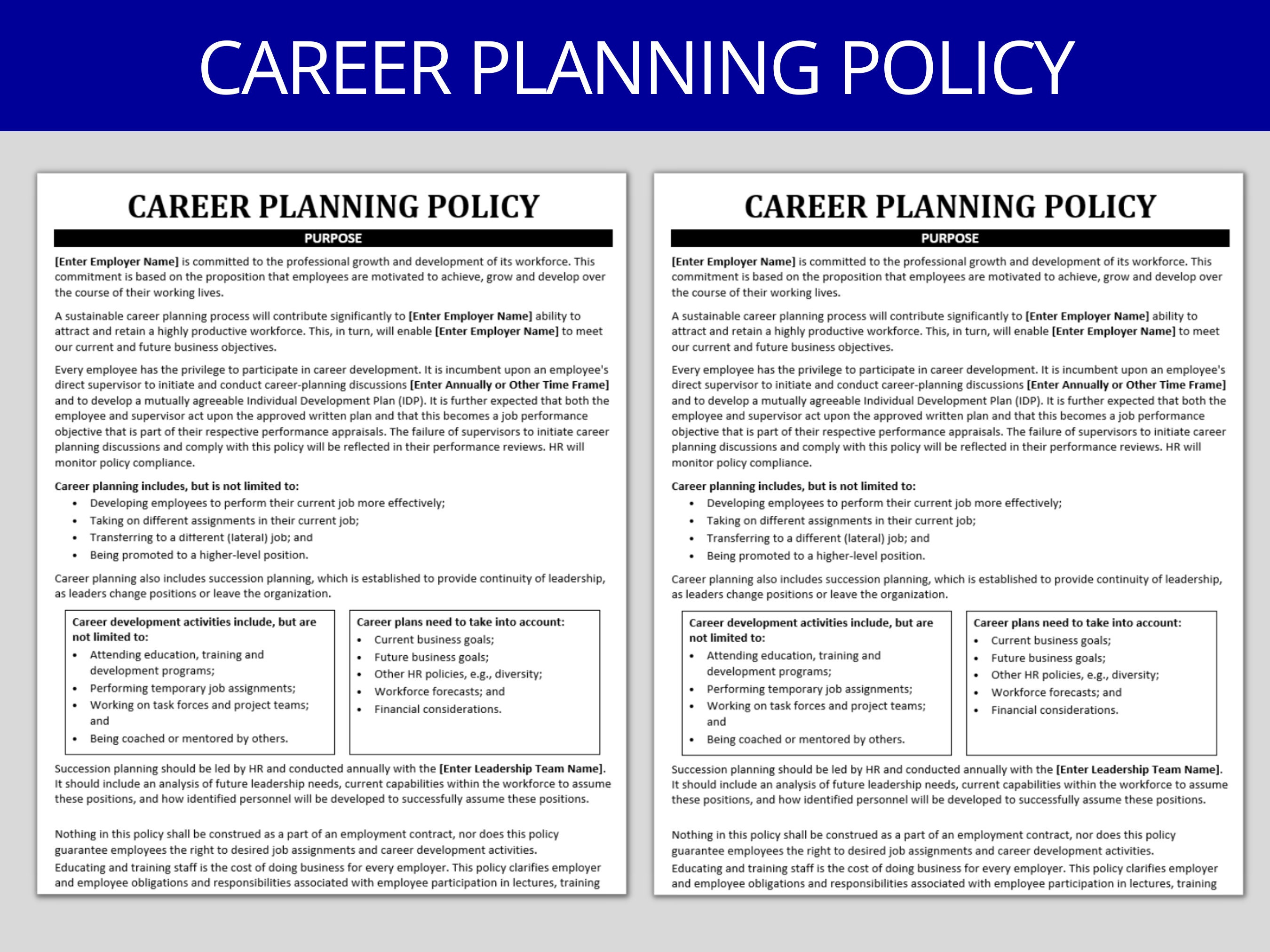 Career Planning Policy | Editable HR Template | Human Resource Form | Employee Development | Performance Review | Promotion Path