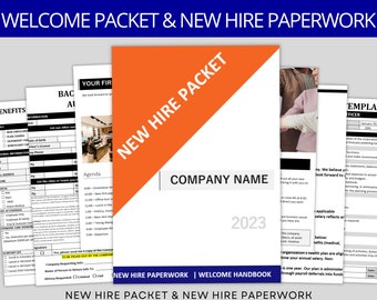 May include: A new hire packet and paperwork for a company called "COMPANY NAME". The packet includes an agenda, benefits information, and a welcome handbook. The packet is dated 2023.