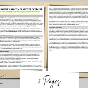 May include: A document outlining a harassment and complaint procedure for employees. The document includes a policy statement, definitions of unlawful harassment and sexual harassment, and a complaint procedure. The document is two pages long.