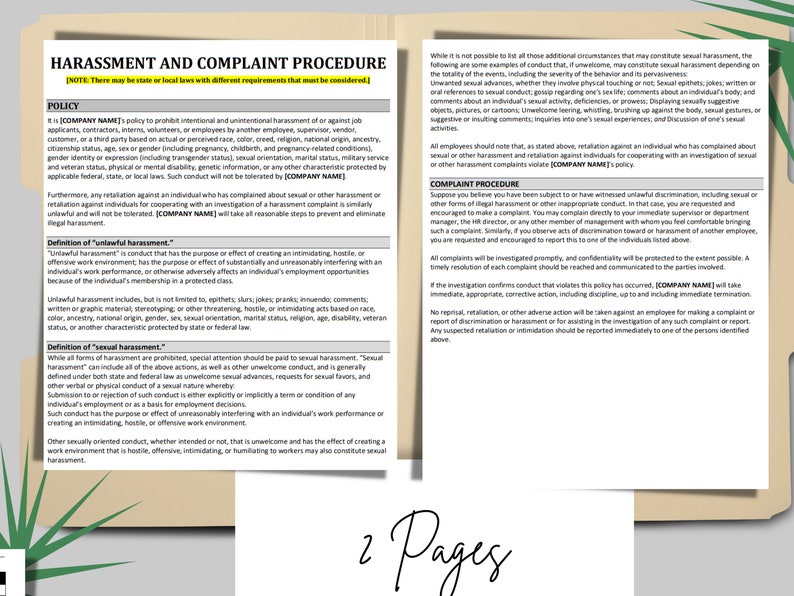 May include: A document outlining a harassment and complaint procedure for employees. The document includes a policy statement, definitions of unlawful harassment and sexual harassment, and a complaint procedure. The document is two pages long.