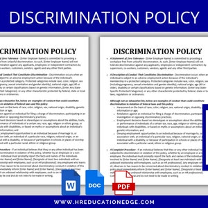 Discrimination Policy Template | Editable Word Form | Human Resources | HR Forms Templates | Employee Policies Procedures | HR Compliance