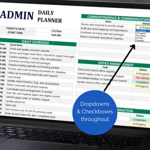 May include: A laptop screen displays an "ADMIN DAILY PLANNER" with a daily schedule, correspondence, and office management sections. The planner includes dropdown menus and checkboxes for status updates, with the date and time clearly visible.