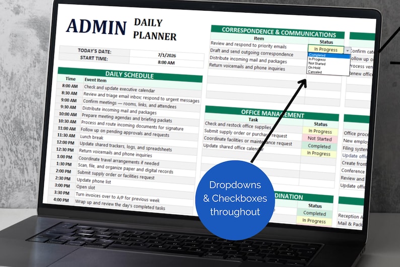 May include: A laptop screen displays an "ADMIN DAILY PLANNER" with a daily schedule, correspondence, and office management sections. The planner includes dropdown menus and checkboxes for status updates, with the date and time clearly visible.