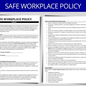 Op de afbeelding: Een zwart-wit document met de titel "Safe Workplace Policy" in vetgedrukte, grote letters. Het document beschrijft het doel, de verklaring van toewijding, de algemene doelen en de veiligheidsdoelen binnen de faciliteit. Het document bevat ook een sectie over verantwoordelijkheden en somt zeven kritieke elementen op die door OSHA zijn geïdentificeerd.