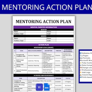 May include: A mentoring action plan template with a purple and white design. The document includes sections for mentor/mentee information, mentorship goals, activities, and deliverables. The text "MENTORING ACTION PLAN" is at the top.