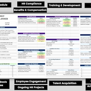 Pode incluir: Um Planejador Di&aacute;rio de RH detalhado com se&ccedil;&otilde;es para Agenda Di&aacute;ria, Conformidade de RH, Treinamento e Desenvolvimento e M&eacute;tricas de RH. O planejador inclui as Metas e Prioridades de RH de Hoje, Engajamento dos Funcion&aacute;rios e detalhes de Aquisi&ccedil;&atilde;o de Talentos. O documento &eacute; branco com texto preto e roxo.
