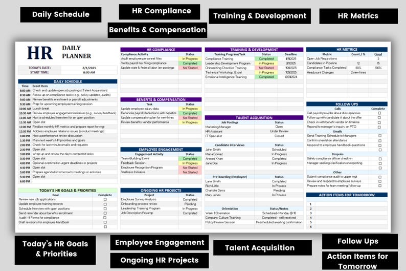 Pode incluir: Um Planejador Di&aacute;rio de RH detalhado com se&ccedil;&otilde;es para Agenda Di&aacute;ria, Conformidade de RH, Treinamento e Desenvolvimento e M&eacute;tricas de RH. O planejador inclui as Metas e Prioridades de RH de Hoje, Engajamento dos Funcion&aacute;rios e detalhes de Aquisi&ccedil;&atilde;o de Talentos. O documento &eacute; branco com texto preto e roxo.