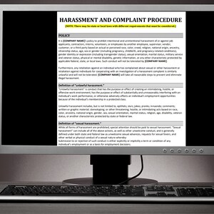 May include: A computer screen displaying a document with the title "Harassment and Complaint Procedure". The document outlines a company's policy on prohibiting harassment and provides definitions of "unlawful harassment" and "sexual harassment".