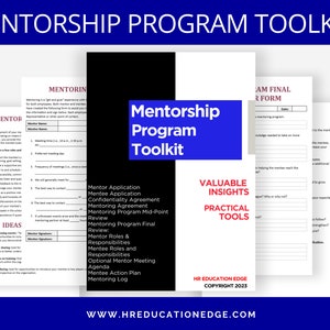 Op de afbeelding: Een Mentorschap Programma Toolkit met een blauw en witte omslag, met formulieren en gidsen. De toolkit bevat formulieren voor mentor applicaties, overeenkomsten en agenda's. De tekst op de omslag luidt "Mentorship Program Toolkit."