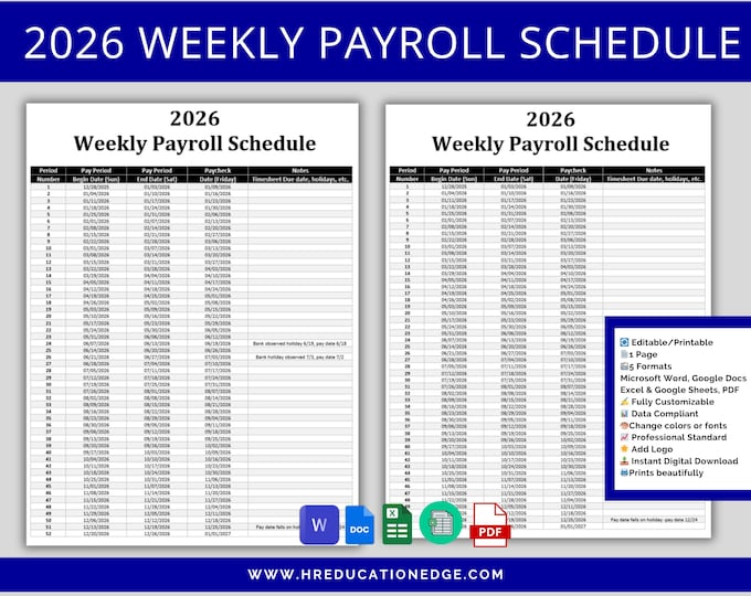 Biweekly Payroll Calendar 2026 | MS Editable Word, | Pay Period Start