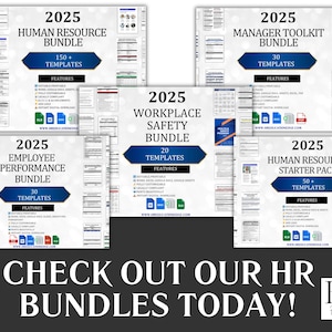 May include: Four colorful posters with the text "2025" and titles "Human Resource Bundle", "Employee Performance Bundle", "Workplace Safety Bundle", and "Manager Toolkit Bundle". Each poster features a list of features and a website address.