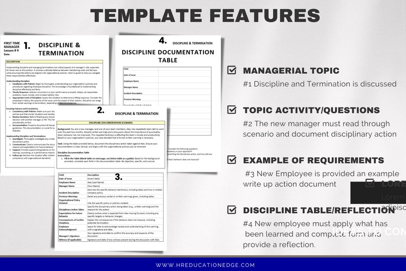 May include: A template for training new managers on discipline and termination procedures. The template includes a checklist of topics, activities, and requirements for the training. The template also includes a table for documenting disciplinary actions.