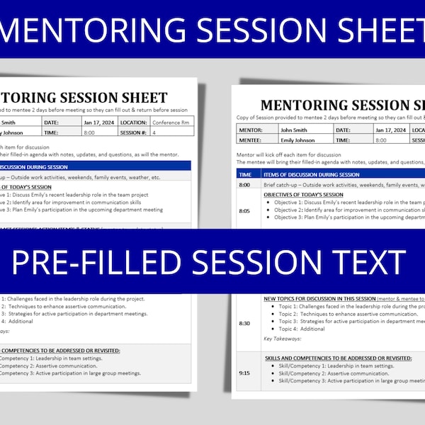 Mentoring Session Template, Career Mentorship Worksheet, Session Planner Mentor Mentee Document HR Forms Action Plan Workplace Mentoring