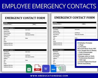 Può includere: Un modello di modulo di contatto di emergenza per i dipendenti stampabile. Il modulo include campi per il nome del dipendente, la data, il nome, il cognome, la relazione, il numero di telefono, il telefono del lavoro, il cellulare, il numero alternativo, l'indirizzo, la città, lo stato, il codice postale, l'e-mail e informazioni aggiuntive. Il modulo è disponibile in cinque formati: Microsoft Word, Excel, PDF, Google Docs e Sheets. Il modulo è completamente personalizzabile, conforme ai dati e si stampa magnificamente.