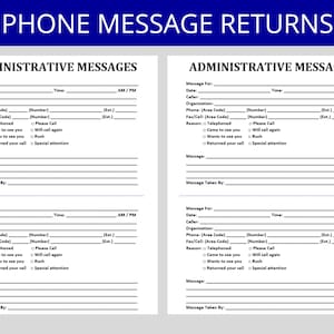 Könnte beinhalten: Ein schwarz-weißes, druckbares Telefon-Nachrichtenprotokollformular mit dem Titel "Phone Message Returns" und der Überschrift "Administrative Messages". Das Formular enthält Felder für Datum, Anrufer, Organisation, Telefonnummer, Fax/Mobilnummer, Grund für den Anruf und Nachricht. Es gibt Kontrollkästchen für "Came to see you", "Wants to see you", "Returned your call", "Please call", "Will call again", "Rush" und "Special attention".