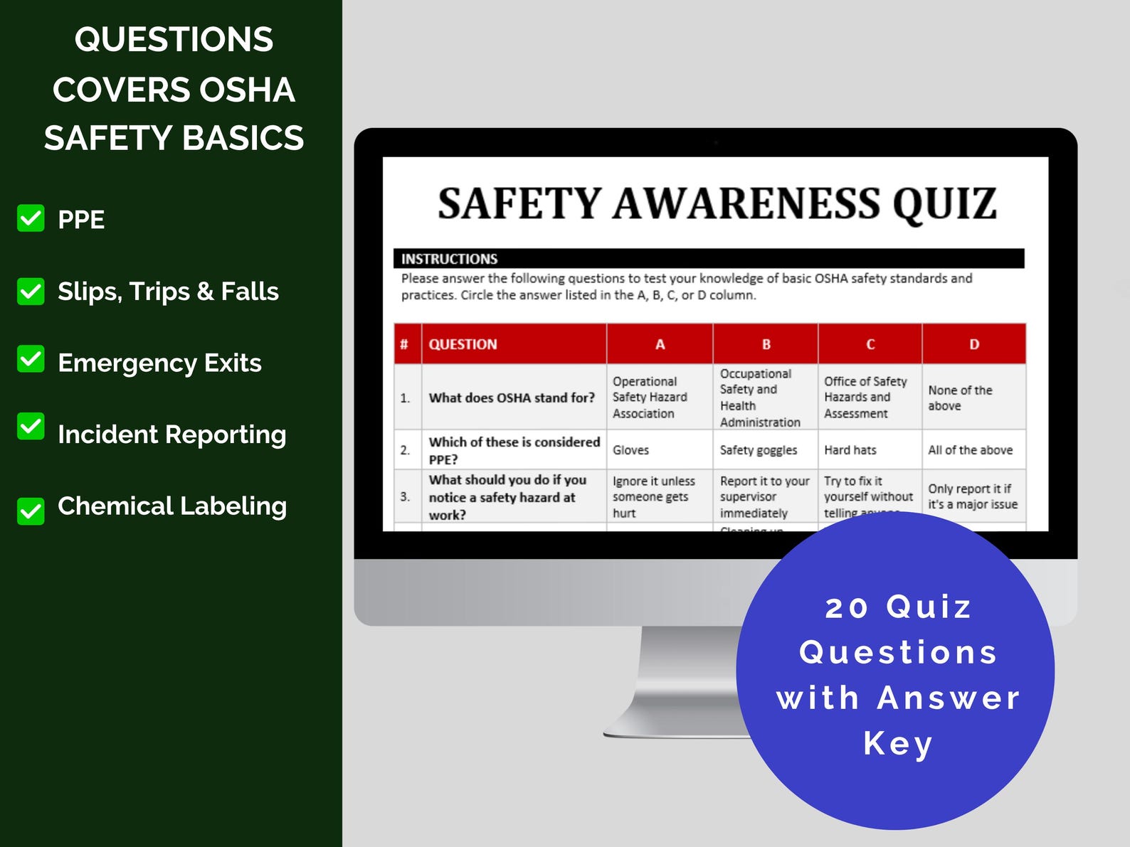 OSHA Safety Quiz: Employee Workplace Training (digital Download Excel ...