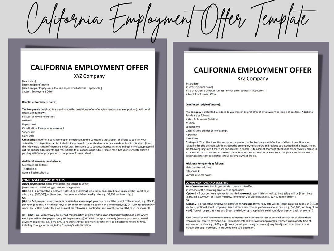 California Employer Contract Offer Templates Editable Word - Etsy