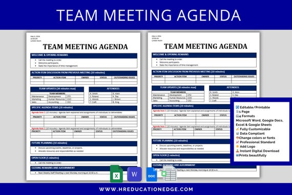 Team Meeting Agenda Template: Editable Business Meeting Planner (Digital Download)