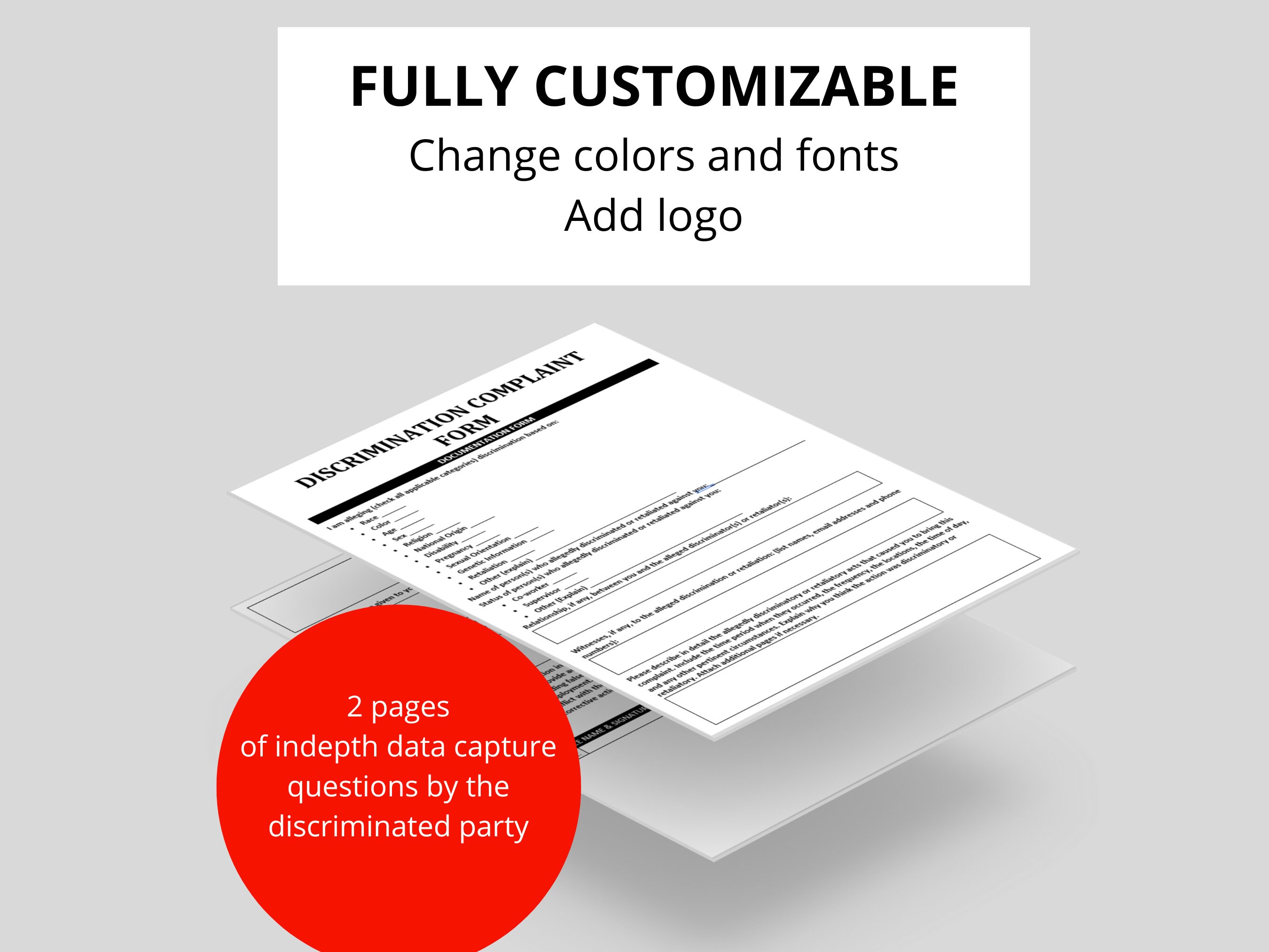 Discrimination Complaint Form & Employee Retaliation Document Etsy