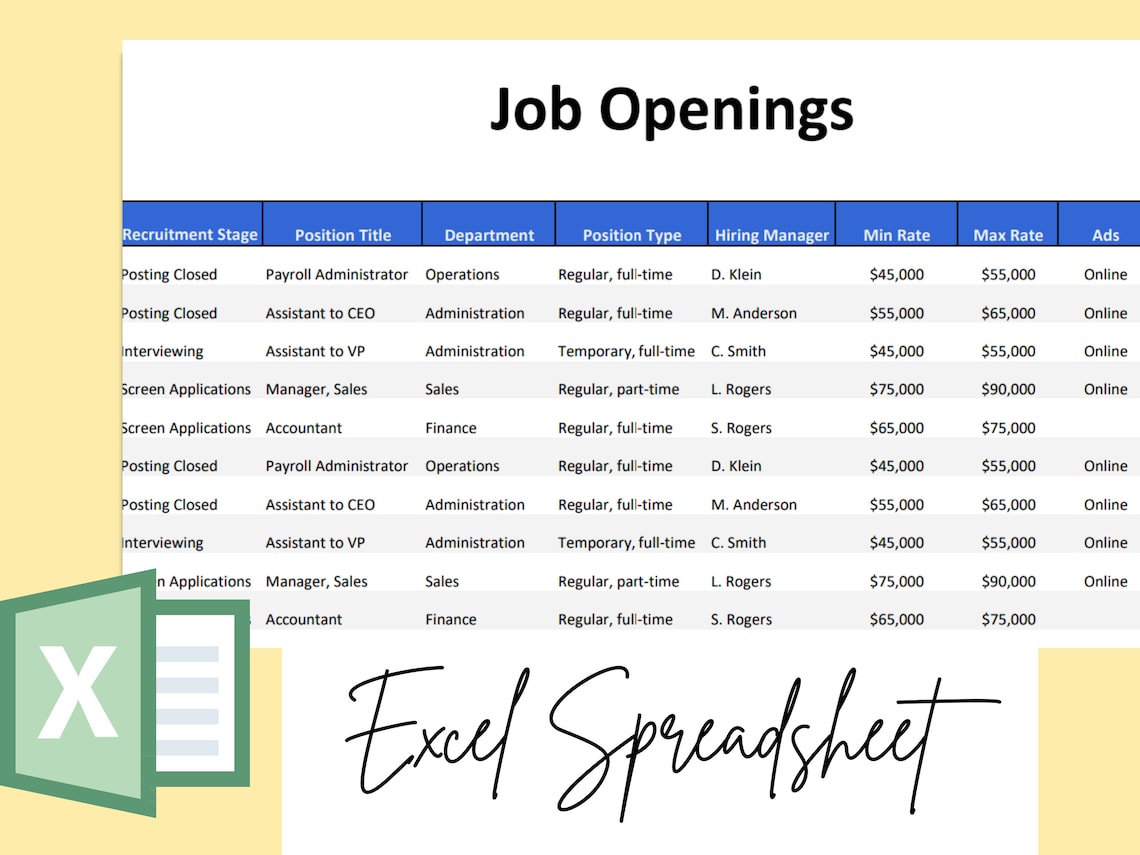Job Openings Template MS Excel Editable Spreadsheet Human Resource