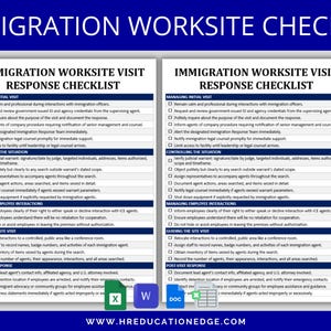 Op de afbeelding: Een checklist voor het reageren op een bezoek van de immigratiedienst op de werkplek. De checklist is onderverdeeld in secties, waaronder het beheren van de eerste reactie, het beheersen van de situatie, het beheren van interacties met werknemers, het bewaken van het bezoek ter plaatse en het reageren na het bezoek. De checklist bevat een verscheidenheid aan tips en advies voor werkgevers en werknemers over hoe om te gaan met een bezoek van de immigratiedienst op de werkplek.