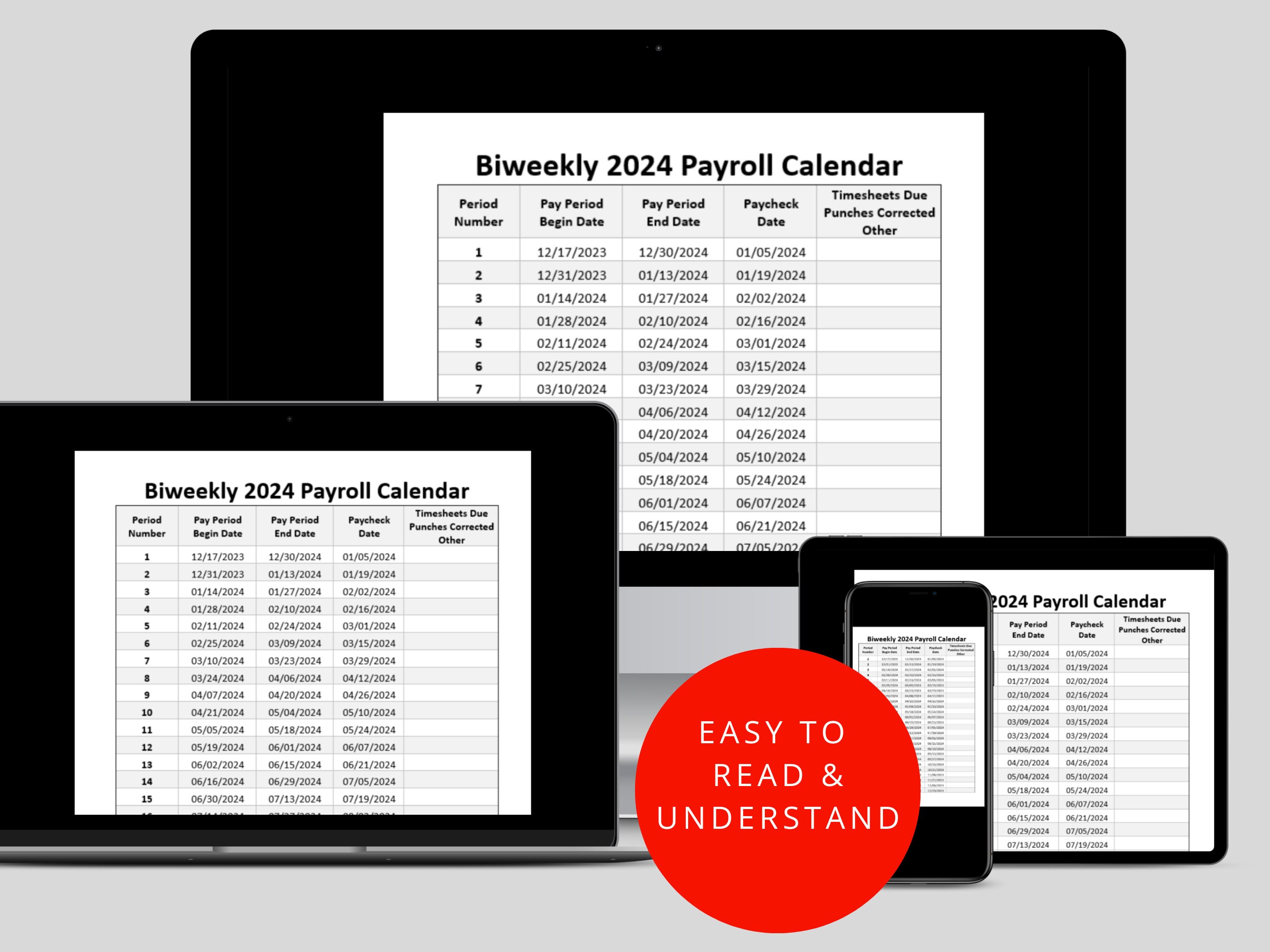 Biweekly Payroll Calendar 2024 MS Editable Word Pay Period Start & End