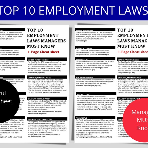Arbeitsrecht für Chefs - Top 10 | Bearbeitbares Word Doc | HR-Vorlage | HR-Formulare | HR Dokumente | Mitarbeiter-Politik | Personal