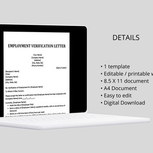 May include: A digital download of an editable employment verification letter template. The template is in a Microsoft Word document format and is available in both 8.5 x 11 and A4 sizes.